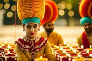 indisch Braut im traditionell Kleidung mit Kerzen. KI-generiert foto