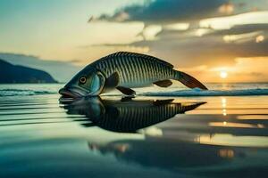 ein Fisch ist Schwimmen im das Wasser beim Sonnenuntergang. KI-generiert foto