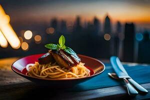 Spaghetti mit Fleisch und ein Aussicht von das Stadt. KI-generiert foto