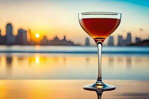 ein Glas von Wein auf ein Tabelle im Vorderseite von ein Stadt Horizont. KI-generiert foto