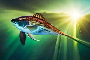 ein Fisch im das Ozean mit das Sonne leuchtenden. KI-generiert foto