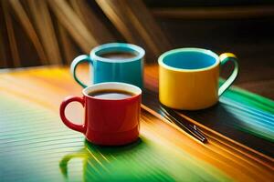 zwei Kaffee Tassen auf ein bunt Tisch. KI-generiert foto