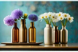 drei Vasen mit Blumen im Sie auf ein Tisch. KI-generiert foto