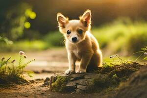 Foto Hintergrund das Sonne, Welpe, Natur, Gras, Blumen, Welpe, Hund, Welpe,. KI-generiert