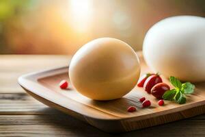 zwei Eier und ein Tomate auf ein hölzern Tablett. KI-generiert foto
