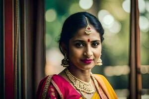 ein schön indisch Braut im ein Gelb Sari. KI-generiert foto