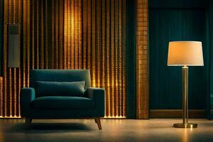 ein Stuhl und Lampe im ein Zimmer mit ein Mauer. KI-generiert foto