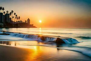 ein Strand mit Wellen und Palme Bäume beim Sonnenuntergang. KI-generiert foto