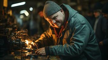 Ingenieur mit Syndrom Nieder Arbeiten auf ein Metallbearbeitung Maschine im ein Fabrik Werkstatt. foto