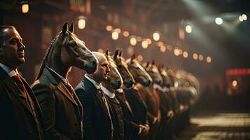 konzeptionelle Bild von Gruppe Geschäft Menschen mit Pferde Kopf im ein Reihe Stehen im ein stabil. foto