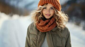 Winter Porträt von ein schön jung blond Frau im ein Hut und Schal. foto