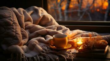 Tasse von Kaffee mit Buch, Decke und Kerze auf Fenster Schwelle beim warm Winter Nacht. foto