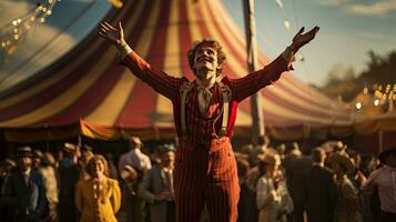 Mann Prost Menschen und erhebt euch Hände zu Himmel im Vorderseite von Zirkus Zelt. foto