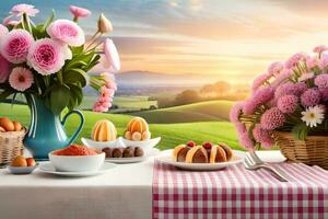 ein Tabelle mit Blumen und Essen auf Es. KI-generiert foto