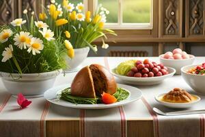 ein Tabelle mit ein Vielfalt von Essen und Blumen. KI-generiert foto