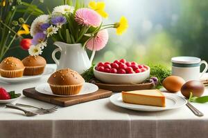 ein Tabelle mit ein Cupcake, Muffins, und ein Strauß von Blumen. KI-generiert foto