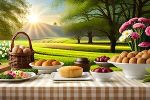 ein Bild von ein Ostern Tabelle mit Essen und Blumen. KI-generiert foto