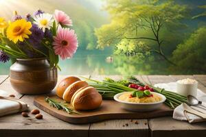 Frühling Frühstück mit Blumen und Brot auf ein hölzern Tisch. KI-generiert foto