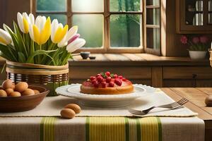 ein Tabelle mit ein Kuchen, Eier und Blumen. KI-generiert foto