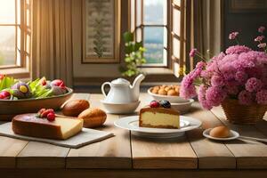ein Tabelle mit Kuchen, Obst und Blumen. KI-generiert foto
