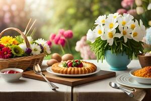 Ostern Abendessen Tabelle mit Blumen und Kuchen. KI-generiert foto