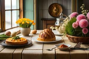 ein Tabelle mit ein Kuchen, Blumen und andere Lebensmittel. KI-generiert foto