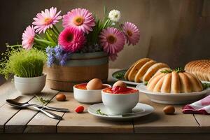 ein Tabelle mit Blumen und Brot und Eier. KI-generiert foto