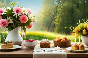 ein Tabelle mit Blumen, Kuchen und andere Lebensmittel. KI-generiert foto