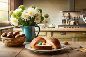 ein Tabelle mit ein Teller von Eier und ein Strauß von Blumen. KI-generiert foto