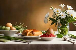 ein Tabelle mit Blumen und ein Kuchen. KI-generiert foto