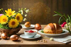 Ostern Blumen und Ostern Eier auf ein Tisch. KI-generiert foto