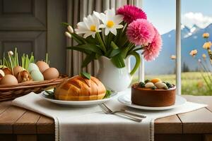 ein Tabelle mit ein Kuchen, Eier und Blumen auf Es. KI-generiert foto