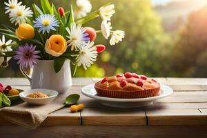 ein Kuchen und Blumen sind auf ein Tabelle mit ein Vase von Blumen. KI-generiert foto