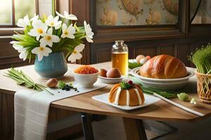 ein Tabelle mit ein Tischdecke, Blumen und Brot. KI-generiert foto