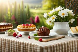 ein Tabelle mit Kuchen und Blumen auf Es. KI-generiert foto