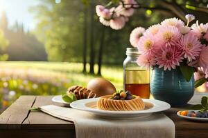 Frühling Frühstück mit Blumen und Kuchen auf ein Tabelle im das Garten. KI-generiert foto