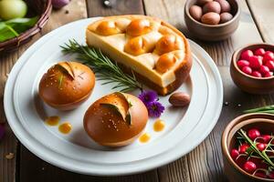 Ostern Eier auf ein Teller mit Beeren und Kräuter. KI-generiert foto