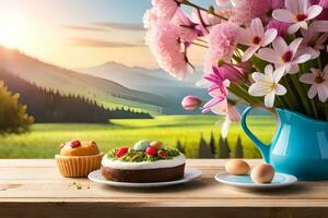 Kuchen, Cupcakes und Blumen auf ein Tabelle im Vorderseite von ein Berg Sicht. KI-generiert foto