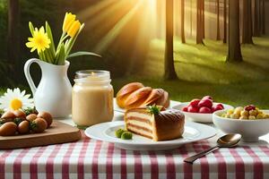 ein Picknick Tabelle mit Essen und Blumen auf Es. KI-generiert foto