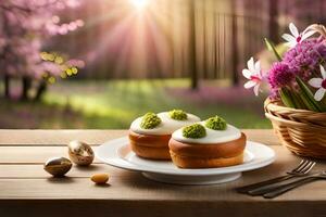 zwei Gebäck mit Sahne und Blumen auf ein Tisch. KI-generiert foto