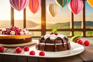 zwei Kuchen auf ein Tabelle mit Luftballons und Kirschen. KI-generiert foto