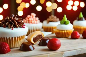 Weihnachten Cupcakes auf ein hölzern Tabelle mit Beleuchtung. KI-generiert foto