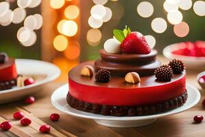 zwei Schokolade Kuchen mit Beeren auf oben. KI-generiert foto