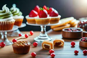 verschiedene Typen von Cupcakes und Nachspeisen auf ein Tisch. KI-generiert foto