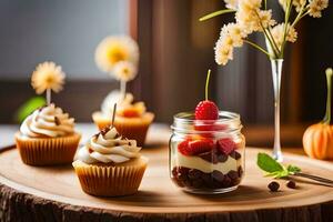 Cupcakes und Blumen auf ein hölzern Tisch. KI-generiert foto