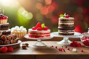 verschiedene Kuchen und Nachspeisen auf ein Tisch. KI-generiert foto