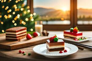 Weihnachten Dessert auf ein Tabelle mit ein Weihnachten Baum im das Hintergrund. KI-generiert foto