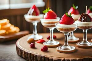 ein Gruppe von Dessert Tassen mit Erdbeeren und Schokolade. KI-generiert foto