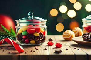 Weihnachten Süßigkeiten im Glas Gläser auf hölzern Tisch. KI-generiert foto
