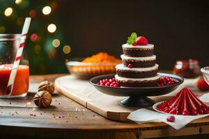 ein Schokolade Kuchen mit Beeren und andere Zutaten auf ein Tisch. KI-generiert foto